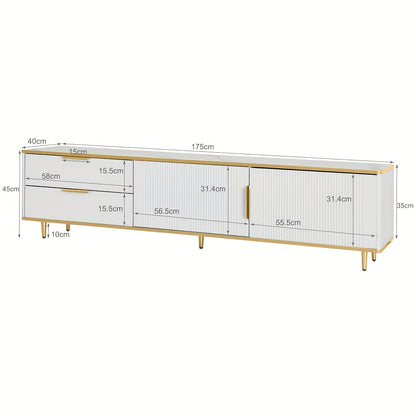 Modern White & Golden TV Stand Entertainment Center with Marble Texture & Carved Textured Undercroft Storage - Metal Construction, Golden Handles & Feet, Freestanding Media Console for Living Room, 68.58cm+ Height, 3.2+ Cubic