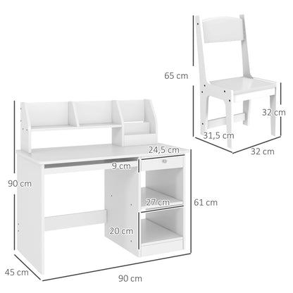 ZONEKIZ Office Set with Desk And Chair for Children Aged 5-8 with Many Storage Compartments, Sliding Tablet, And Drawer Ideal for Writing, Reading, And Drawing, White
