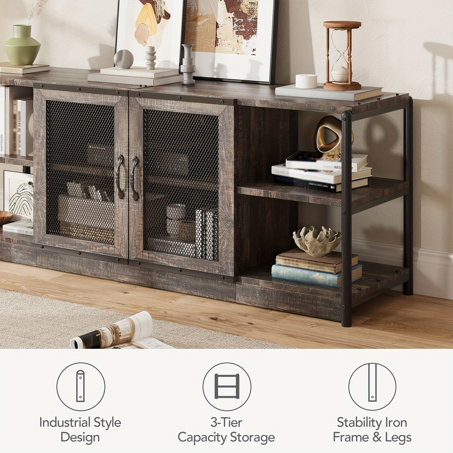 Heavy-Duty TV Stand for 65+ Inch TVs - Farmhouse Industrial Media Console with Storage Cabinet, Mesh Doors - Rustic Oak Entertainment Center - Sturdy Hardwood Construction - Living Room Furniture for Modern, Farmhouse, Apartm