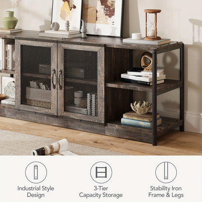 Heavy-Duty TV Stand for 65+ Inch TVs - Farmhouse Industrial Media Console with Storage Cabinet, Mesh Doors - Rustic Oak Entertainment Center - Sturdy Hardwood Construction - Living Room Furniture for Modern, Farmhouse, Apartm