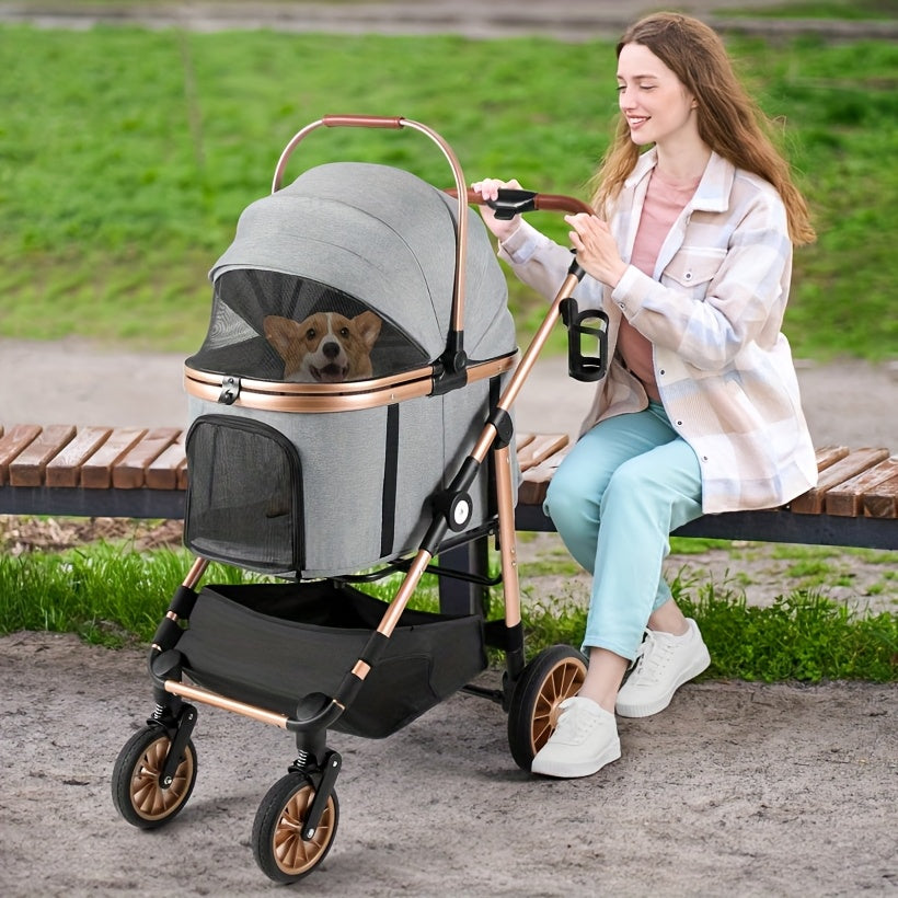 Dierenwagen – Huisdierwandelwagen – Draagkooi – Hondenwagen – Kattenwagen – Met 4 Schokabsorberende Wielen – Draagvermogen 25 kg – Lichtgewicht Metalen Frame – Inclusief Veiligheidstuigje Champagne Golden Gray