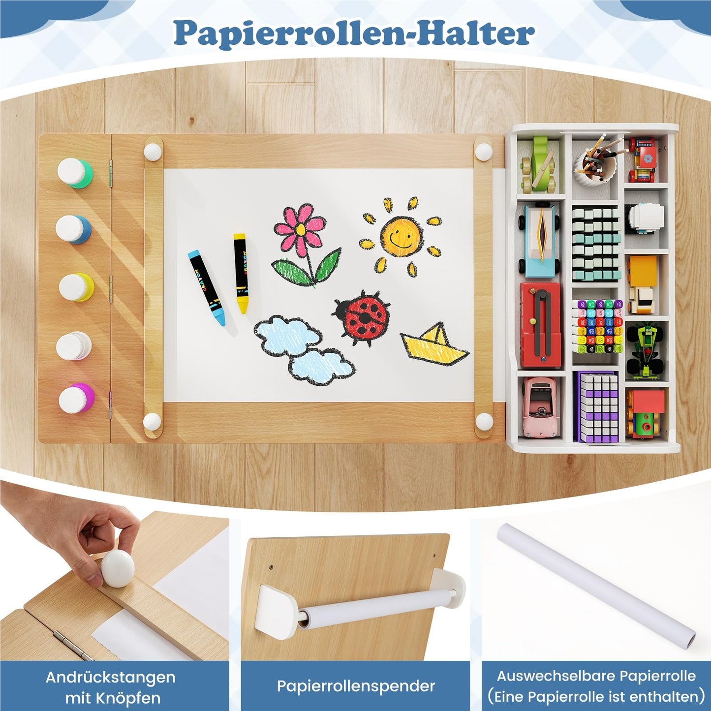 Kindertafel – Kinderbureau – Knutseltafel – Speeltafel – Stoelenset – 3-in-1 Schildertafel met Opbergruimte – Hoogwaardig Berkenhout – Veilig Afgeronde Hoeken – Nature