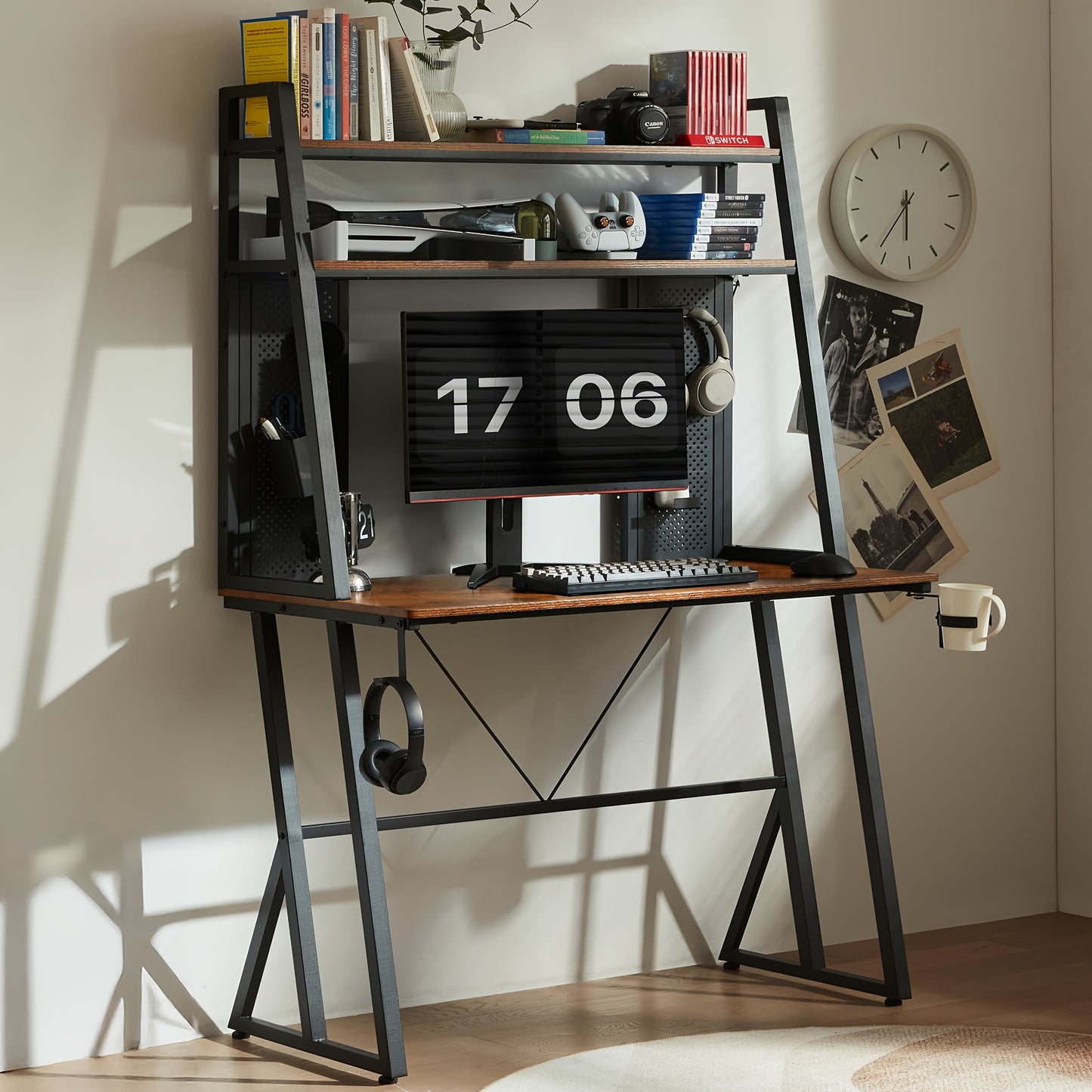 Gamingbureau – Computerbureau – Werkplek – Bureau – Gamingtafel – Met Hoge Plank – Carbon Fiber Werkblad – Bekerhouder En Headset Haak – Compact 100x55 cm – Vintage Wit
