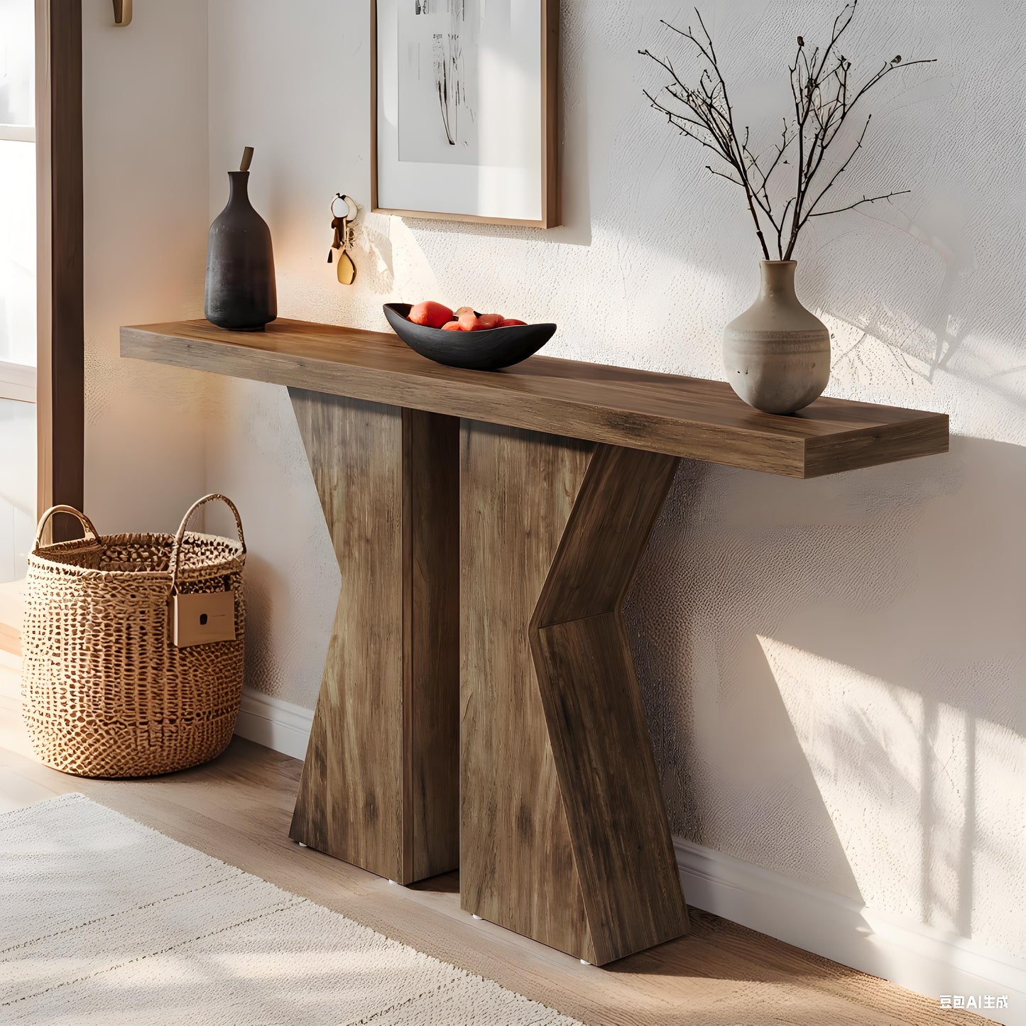 Console Tafel – Smalle Sidetable – Haltafel – Sofa Tafel – Sidetable Eikenlook – 140 cm Breed – 4 cm Dikke Houten Top – Robuuste K-vormige Onderstel