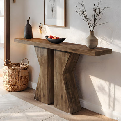 Console Tafel – Smalle Sidetable – Haltafel – Sofa Tafel – Sidetable Eikenlook – 140 cm Breed – 4 cm Dikke Houten Top – Robuuste K-vormige Onderstel