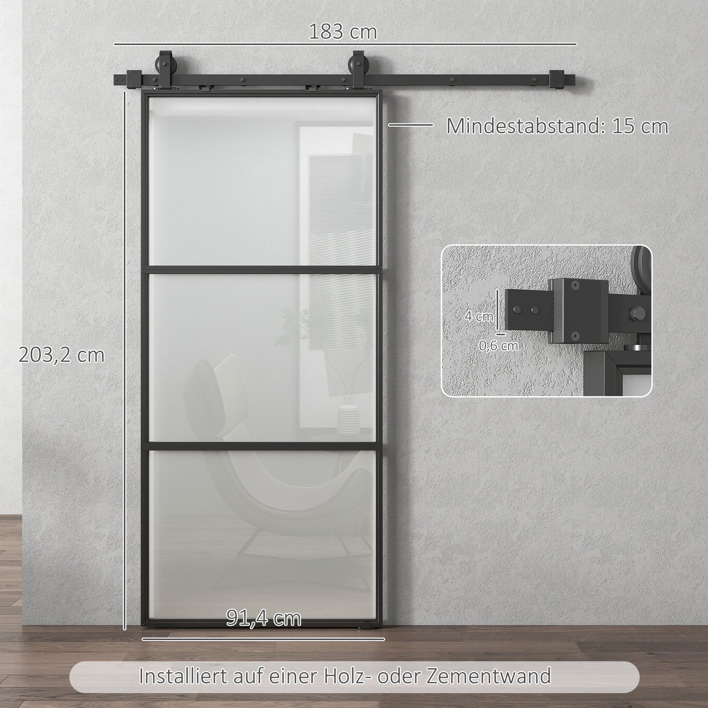 Schuifdeur – Schuifpaneel – Glazen Deur – Raumtebesparende Deur – Interieurdeur – Matglas – Zwart Stalen Frame – Soft-Close Mechanisme – Eenvoudige Montage