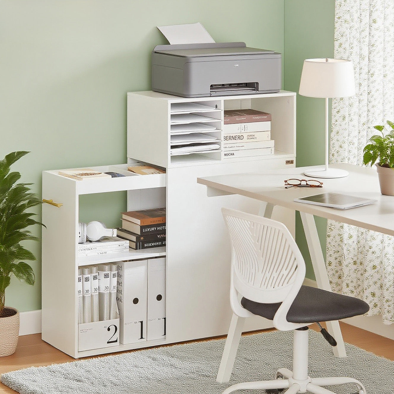 Printerstandaard – Rollende Printerkast – Bureau Organizer – Opbergkast – Mobiele Printertafel – Compact 60x33x100 cm – MDF Wit