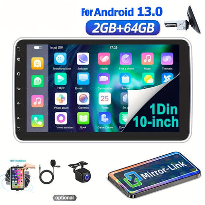 Autoradio - [2G+64G] 10 inch voor Android 13 Single Din autoradio met touchscreen, draaibare radio, draaibare head-unit, 1080P/SWC/GPS+AHD achteruitrijcamera en microfoon