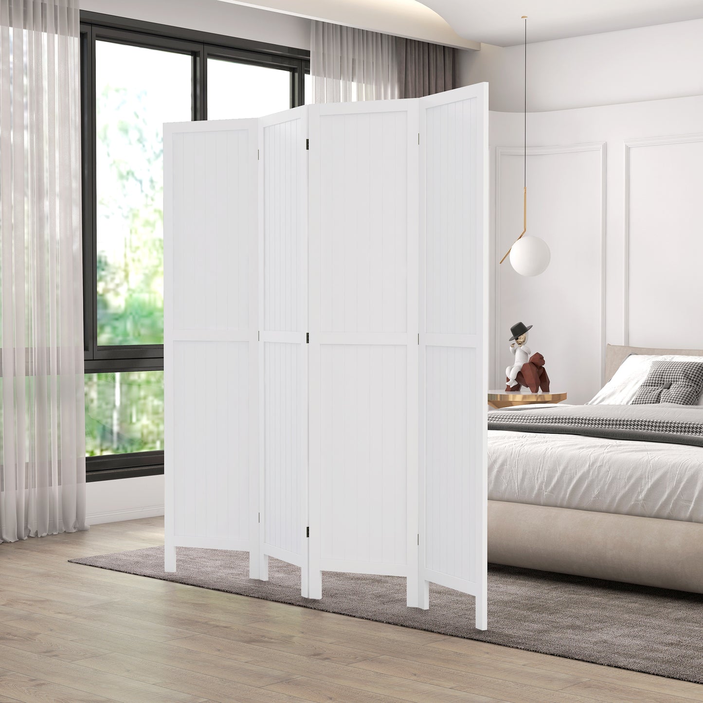 Houten Kamerscherm – Roomdivider – Scheidingswand – Ruimteverdeler – Privacy Scherm – 4 Panelen – Paulownia Hout – Wit – Opvouwbaar – 160 x 170 cm