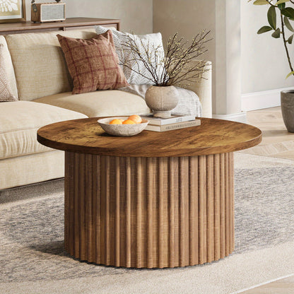 Ronde Salontafel – Farmhouse Koffietafel – Woonkamer Tafel – Bijzettafel – Rond Houten Tafel – Metalen Onderstel – Modern Eiken Look – Duurzaam & Ruimtelijk