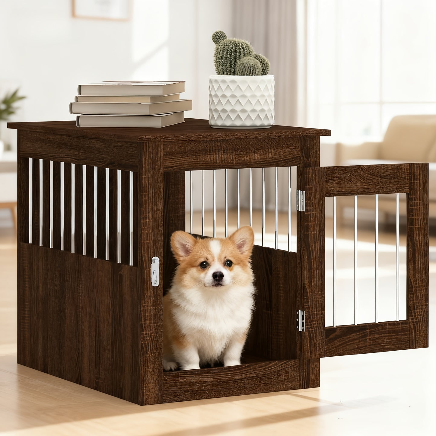 Modern Wood Dog Cage in Furniture Style - White/Brown Oak Look Wood & Polypropylene Frame, Removable Panels, Easy Assembly, Spacious Kennel for Medium Dogs (55x75x65cm) - /Outdoor Use, Hidden Door Design Pet Pen