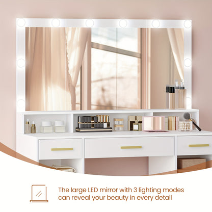 Make-up Tafel – Kaptafel – Schminktisch – Make-up Bureau – Make-up Organizer – Witte Kaptafel Met Grote Spiegel – Verstelbare LED Verlichting Met 3 Lichtkleuren – 3 Lades En 2 Kastjes – 40x108x140 cm
