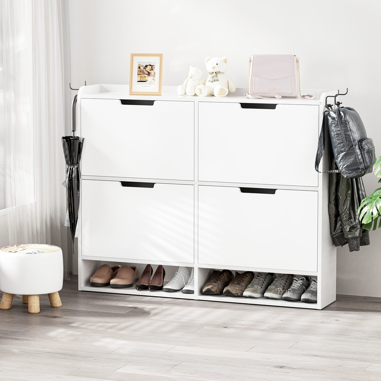 Schoenenkast – Schoenmeubel – Schoenopberger – Schoenrek – Halmeubel – Wit – 4 Kanteldeuren – Ruime Opbergruimte Voor 16-24 Paar Schoenen