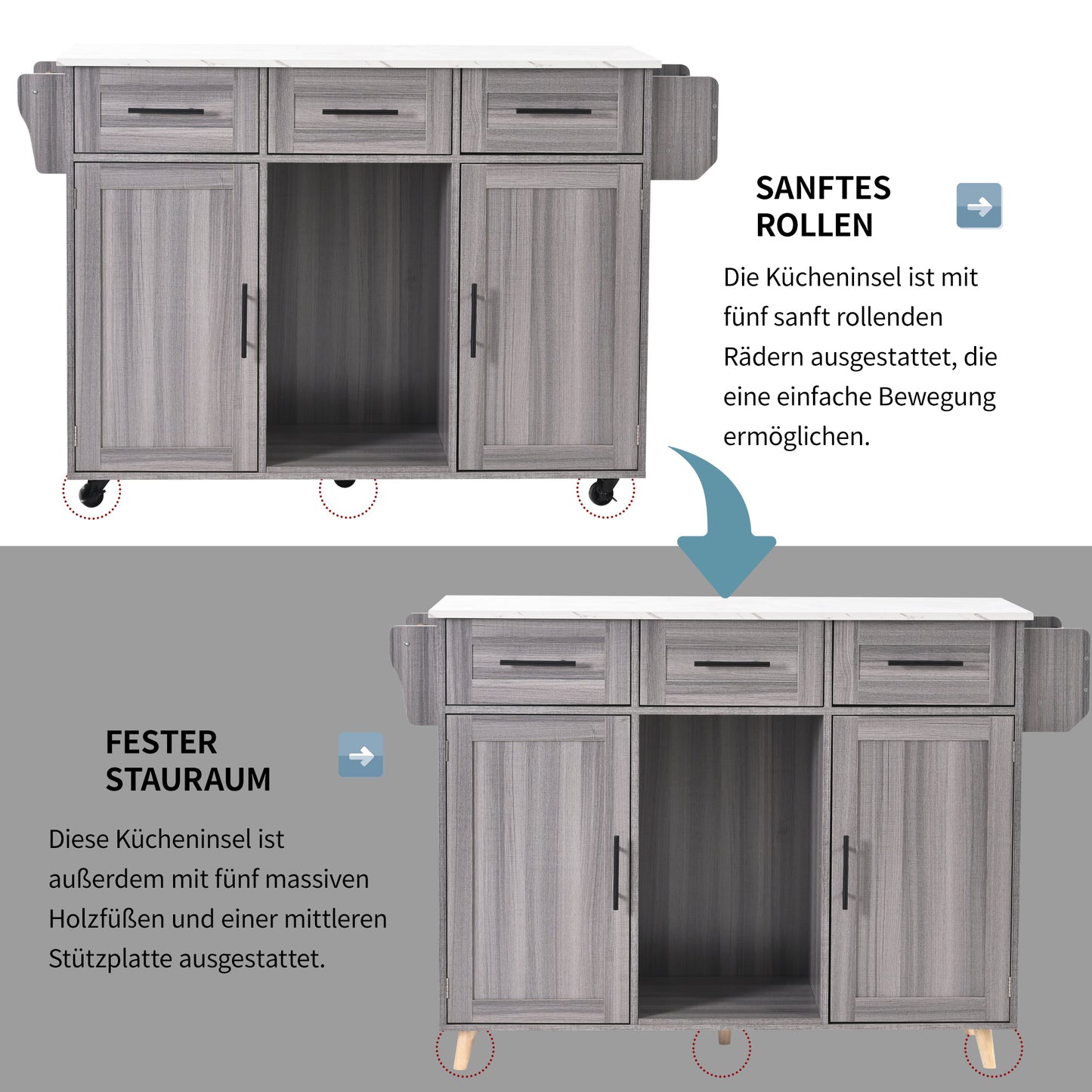 Keukentrolley – Keukenkast – Serveerwagen – Keukenwagen – Buffetwagen – Uitklapbaar Werkblad – Houtlook Werkblad – 139x46(71)x91,5 cm – Met Laden en Verstelbare Planken