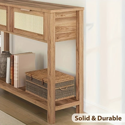 Haltafel – Sidetable – Console Tafel – Sofa Tafel – Rattan Bijzettafel – Boho Design – 2 Laden – Caramel Eikenhout