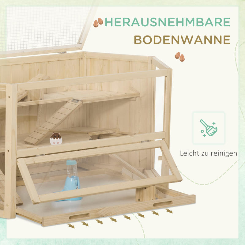 Small Animal Cage, Rodent Cage, Rodent Home with 1 Ramp, 1 Seesaw, Removable Bottom Tray, Made of Fir Wood, Natural, Hamster Cage, Rat Cage, Large Hamster Cage, Guinea Pig Cage, Chinchilla Cage, Bunny Cage, Ferret Cage, Gerbi