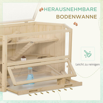 Small Animal Cage, Rodent Cage, Rodent Home with 1 Ramp, 1 Seesaw, Removable Bottom Tray, Made of Fir Wood, Natural, Hamster Cage, Rat Cage, Large Hamster Cage, Guinea Pig Cage, Chinchilla Cage, Bunny Cage, Ferret Cage, Gerbi