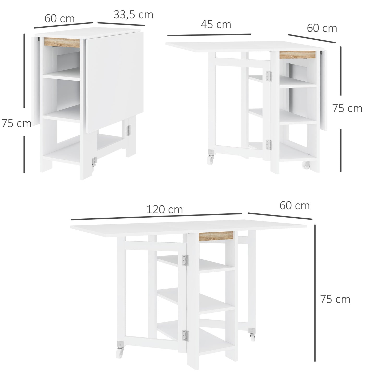 Opvouwbare Eettafel – Klaptafel – Keukentafel – Wieltjes Trolley – Inklapbare Tafel – Moderne Compacte Ontwerp – 120x60x75 cm – Met 2 Uitklapbare Bladen & 3 Planken – Wit
