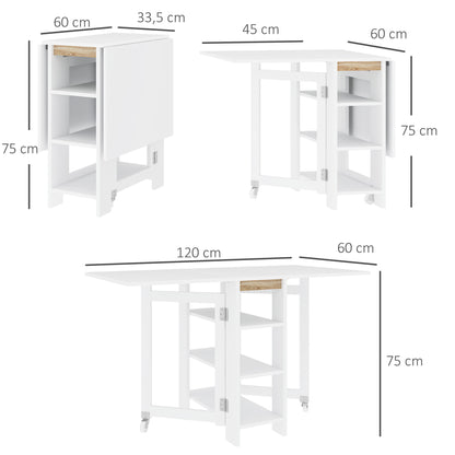 Opvouwbare Eettafel – Klaptafel – Keukentafel – Wieltjes Trolley – Inklapbare Tafel – Moderne Compacte Ontwerp – 120x60x75 cm – Met 2 Uitklapbare Bladen & 3 Planken – Wit