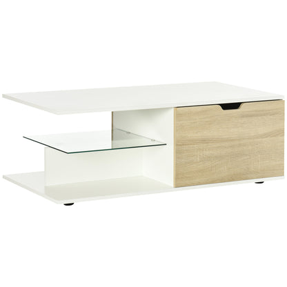 Salontafel – Koffietafel – Bijzettafel – Tafel – Woonkamertafel – Wit Met Eikenlook – 106x58x39 cm – 2 Lades En Glazen Legplank