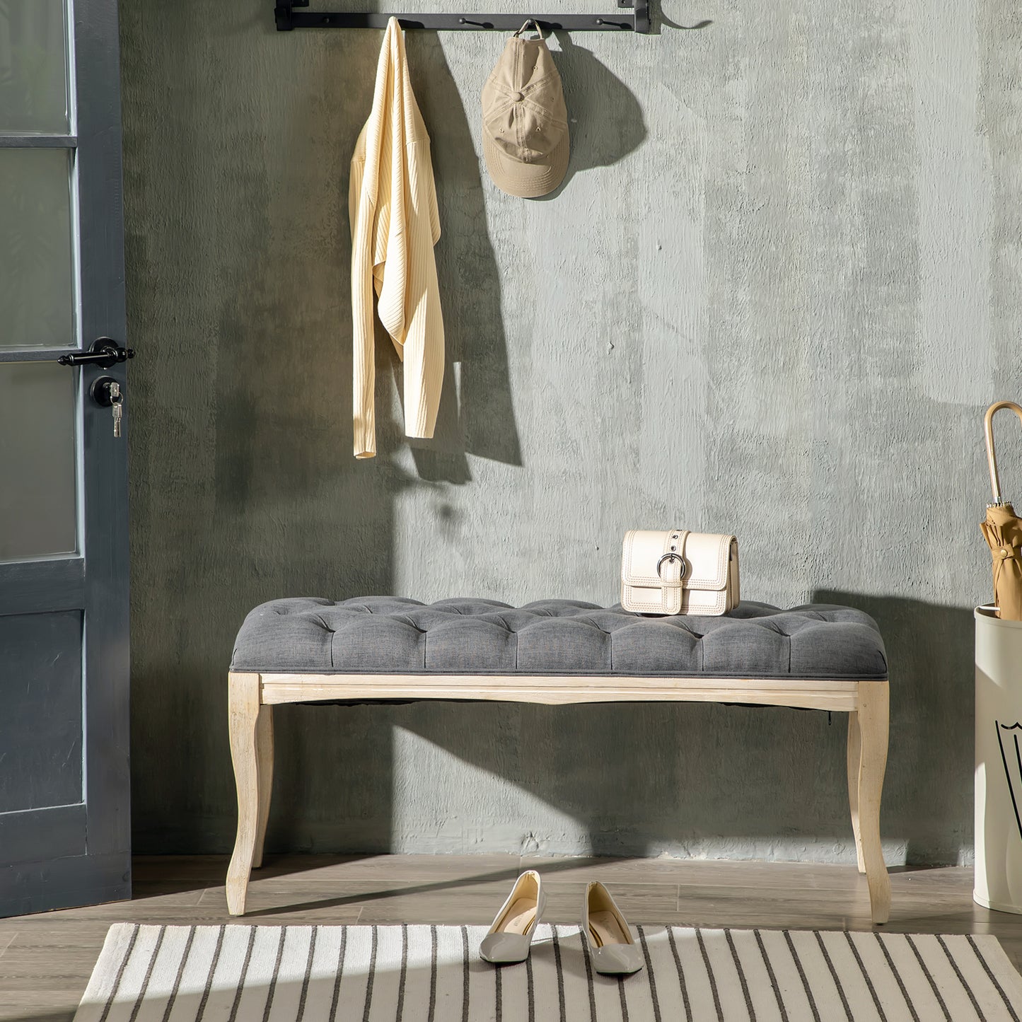 Upholstered Banquette – Zitbank – Poef – Bedbank – Bankje – Linnen Bekleding – Gegraveerde Hevea Houten Basis – 110 Cm – Comfortabel