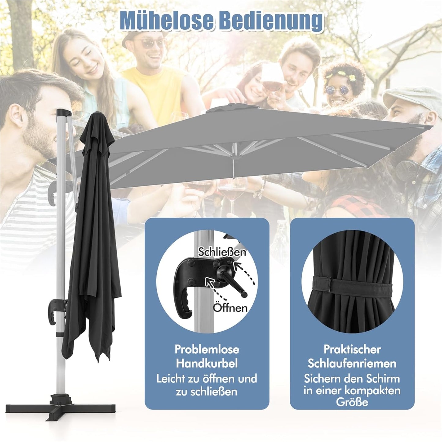 Vierkante Parasol – Zonnescherm – Tuinparasol – Terrasparasol – Marktkraamparasol – 300 x 300 cm – 360° Draaibaar – Verstelbare Kantelfunctie – Zwart