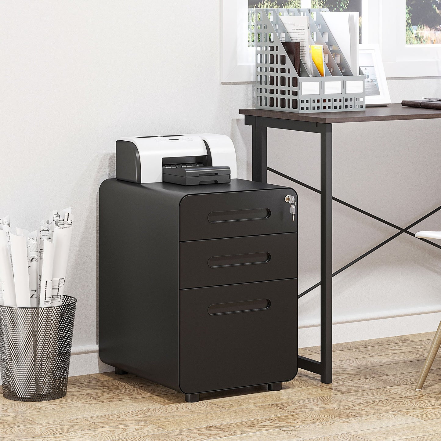 Ladeblok – Ladekast – Rolcontainer – Opbergkast – Archiefkast – Met Slot – Koudgewalst Staal – 39x48x59 cm – Zwart