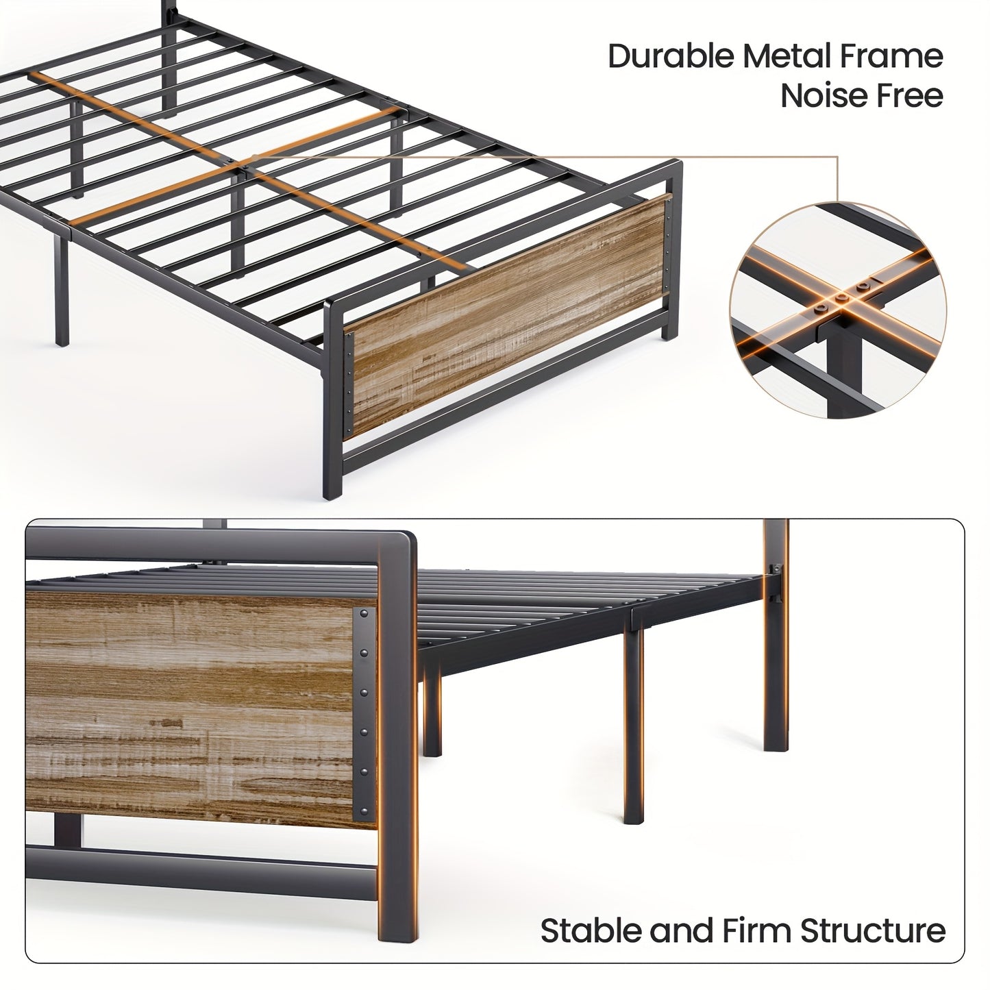 Bedframe – Platformbed – Eenpersoonsbed – Tweepersoonsbed – Industrieel Bed – Retro Bruin – 120x200 cm – Metaal & Hout – 35 cm Opbergruimte Onder Bed
