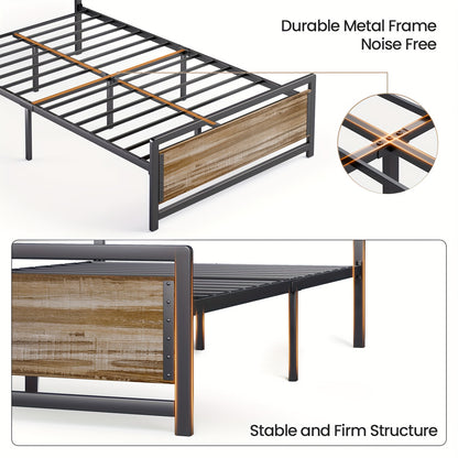 Bedframe – Platformbed – Eenpersoonsbed – Tweepersoonsbed – Industrieel Bed – Retro Bruin – 120x200 cm – Metaal & Hout – 35 cm Opbergruimte Onder Bed
