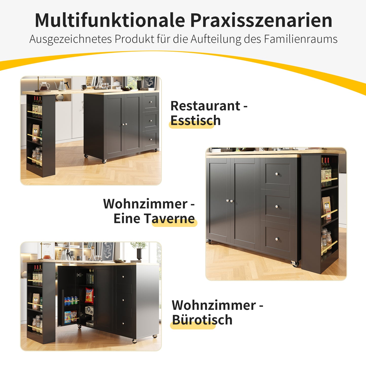 Dressoir – Opbergkast – Ladekast – Keukenkast – Wandkast – 360° Draaibaar – Verstelbare Lengte 135-203 cm