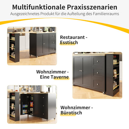 Dressoir – Sideboard – Opbergkast – Ladekast – Draaibaar 360° – Uittrekbare Lengte 135-203 cm – Met Wieltjes en Lade