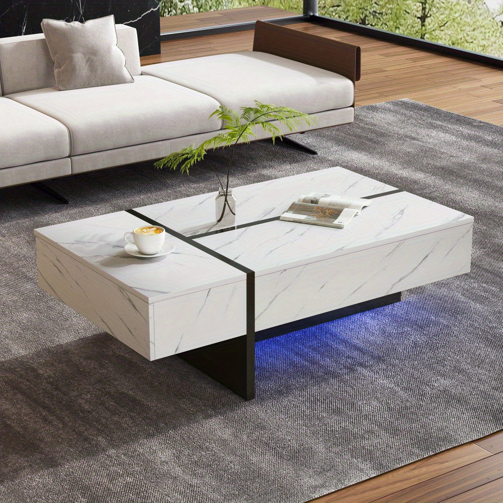 Salontafel – Koffietafel – Woonkamertafel – Bijzettafel – Salon tafel – Wit Marmerpatroon – Hoogglans Spaanplaat – 105x60x35 cm – Modern Minimalistisch Design