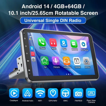 Autoradio – Auto Stereo – Multimedia Speler – Android Headunit – Single DIN – 10,1 Inch Draaibaar HD Touchscreen – Android 14.0 Besturingssysteem – Wireless CarPlay & Android Auto