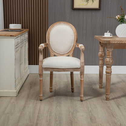 Eetkamerstoel – Keukenstoel – Stoel – Fauteuil – Zithoekstoel – Massief Hout – Linnenlook Bekleding – Antiek Design – Ademend – 56x54x96 cm – Crème Wit