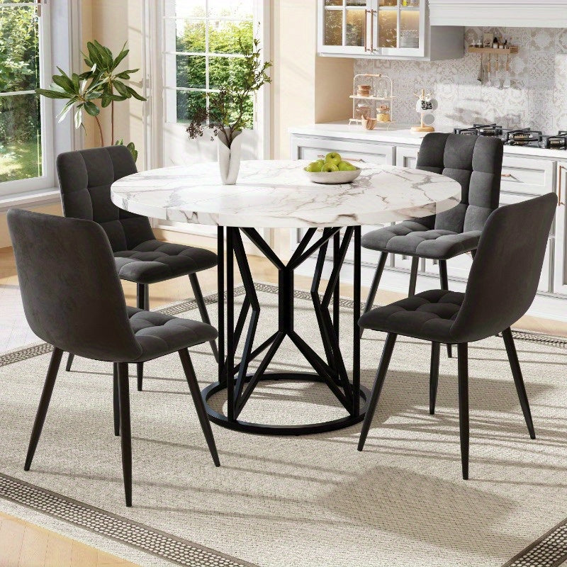 Eetkamer Set 5-delig – Ronde Tafel – Keuken Meubel – Diningset – Stoelen Set – MDF Wit Blad – Grijs Fluweel Bekleding