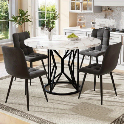 Eetkamer Set 5-delig – Ronde Tafel – Keuken Meubel – Diningset – Stoelen Set – MDF Wit Blad – Grijs Fluweel Bekleding