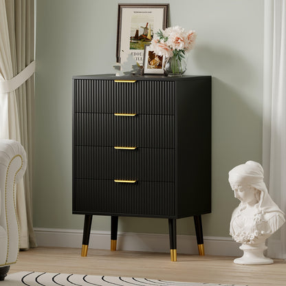 Opbergkast – Kast – Ladenkast – Ladekast – Dressoir – Zwart Met Geborsteld Gouden Handgrepen – 4 Laden – Stevige Constructie – Eenvoudige Montage