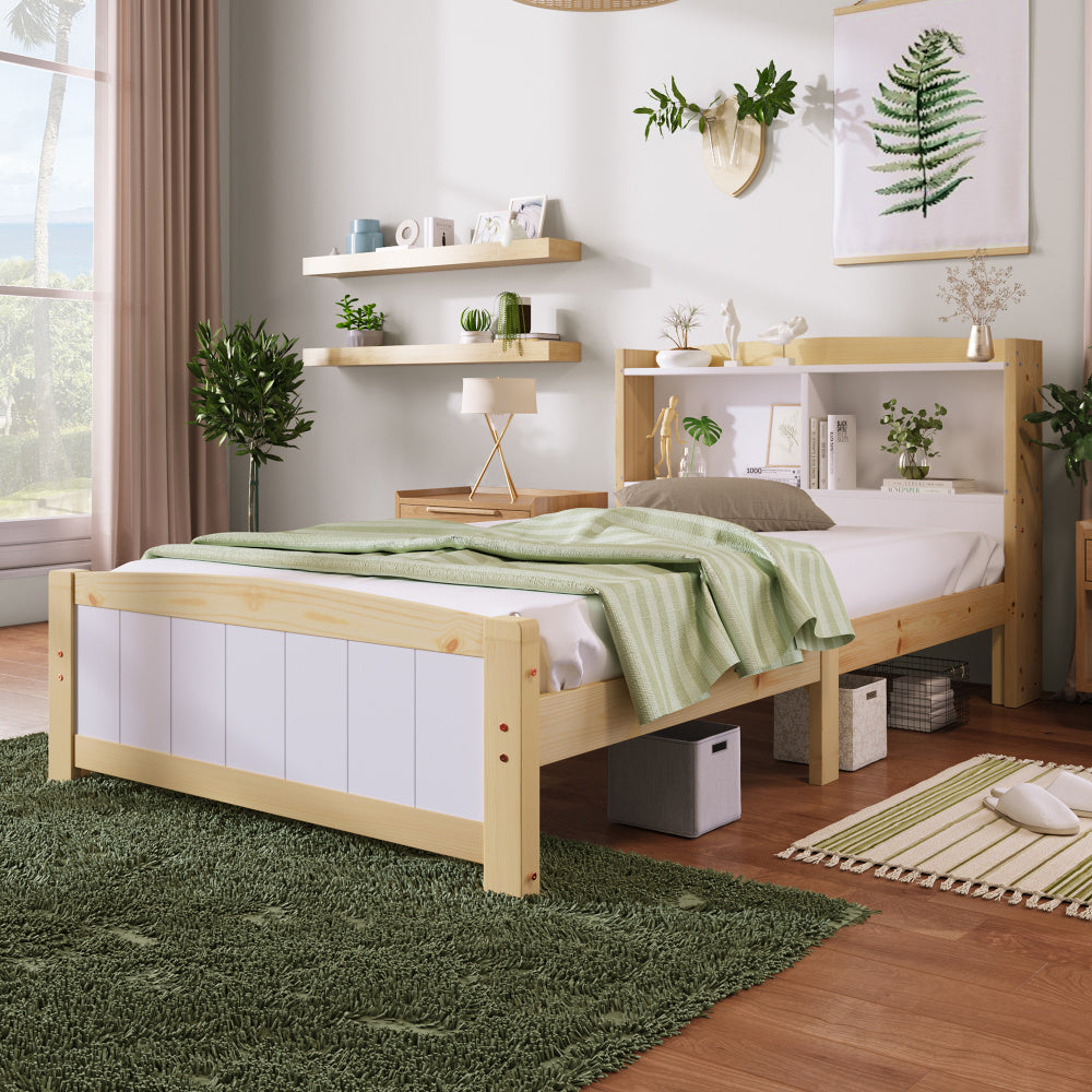 Bedframe – Eenpersoonsbed – Kinderbed – Logeerbed – Slaapbank – Massief Houten Frame – Opbergruimte Hoofdeinde – 90x200 cm – Wit – Duurzaam – Eenvoudige Montage