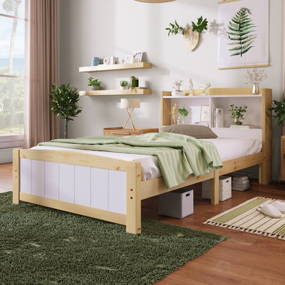 Bedframe – Eenpersoonsbed – Kinderbed – Logeerbed – Slaapbank – Massief Houten Frame – Opbergruimte Hoofdeinde – 90x200 cm – Wit – Duurzaam – Eenvoudige Montage