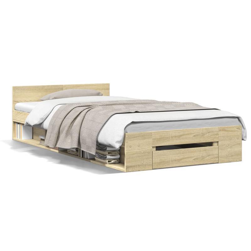 Bed – Bedframe – Platformbed – Eenpersoonsbed – Opbergbed – Ingebouwde Opberglades – Ruimtebesparend Design – Sonoma Eiken Afwerking – Geschikt Voor Matras 90x190 cm