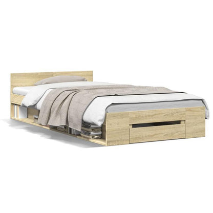 Bed – Bedframe – Platformbed – Eenpersoonsbed – Opbergbed – Ingebouwde Opberglades – Ruimtebesparend Design – Sonoma Eiken Afwerking – Geschikt Voor Matras 90x190 cm