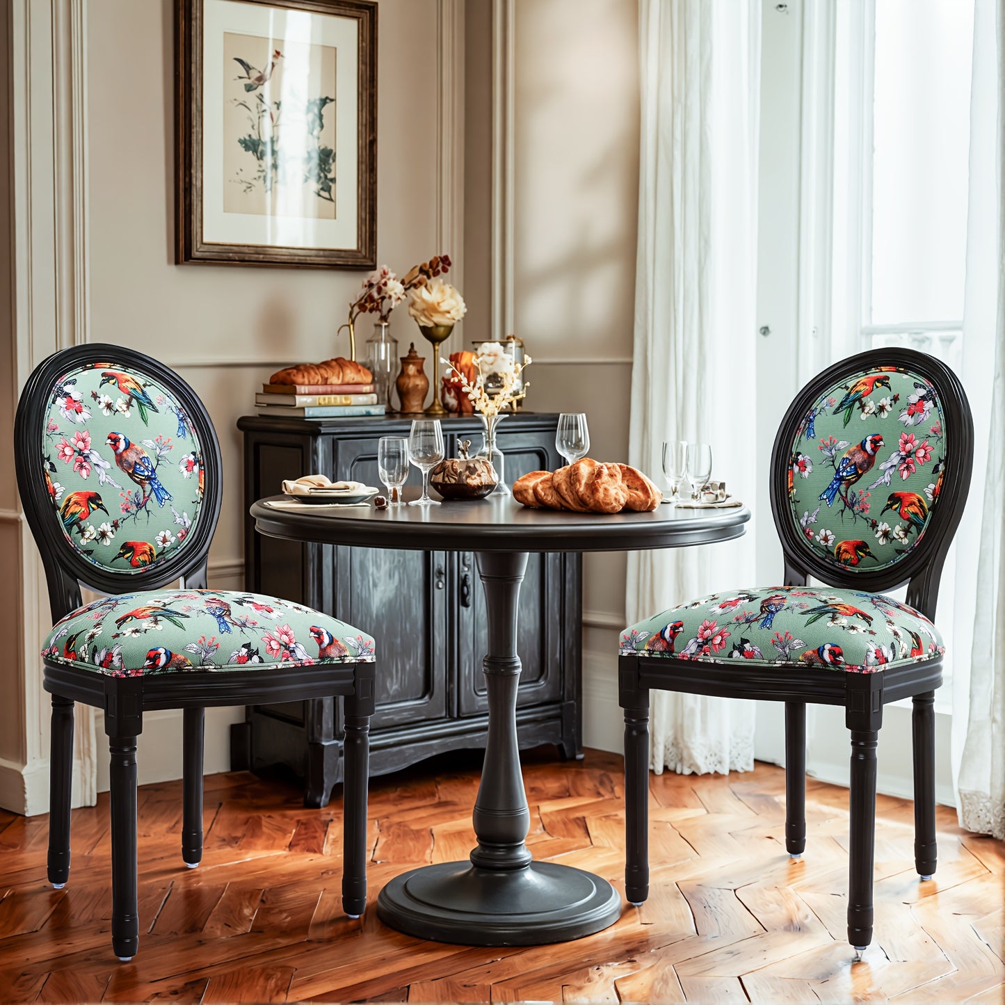 French Vintage Louis XVI Style Solid Wood Carved Antique Green Relief Double Dining Chair Set - Ergonomic Oval Backrest with Wingback Design, Breathable Linen Upholstery & Hardwood Frame, Ornate Armless Accent Chairs for Livi