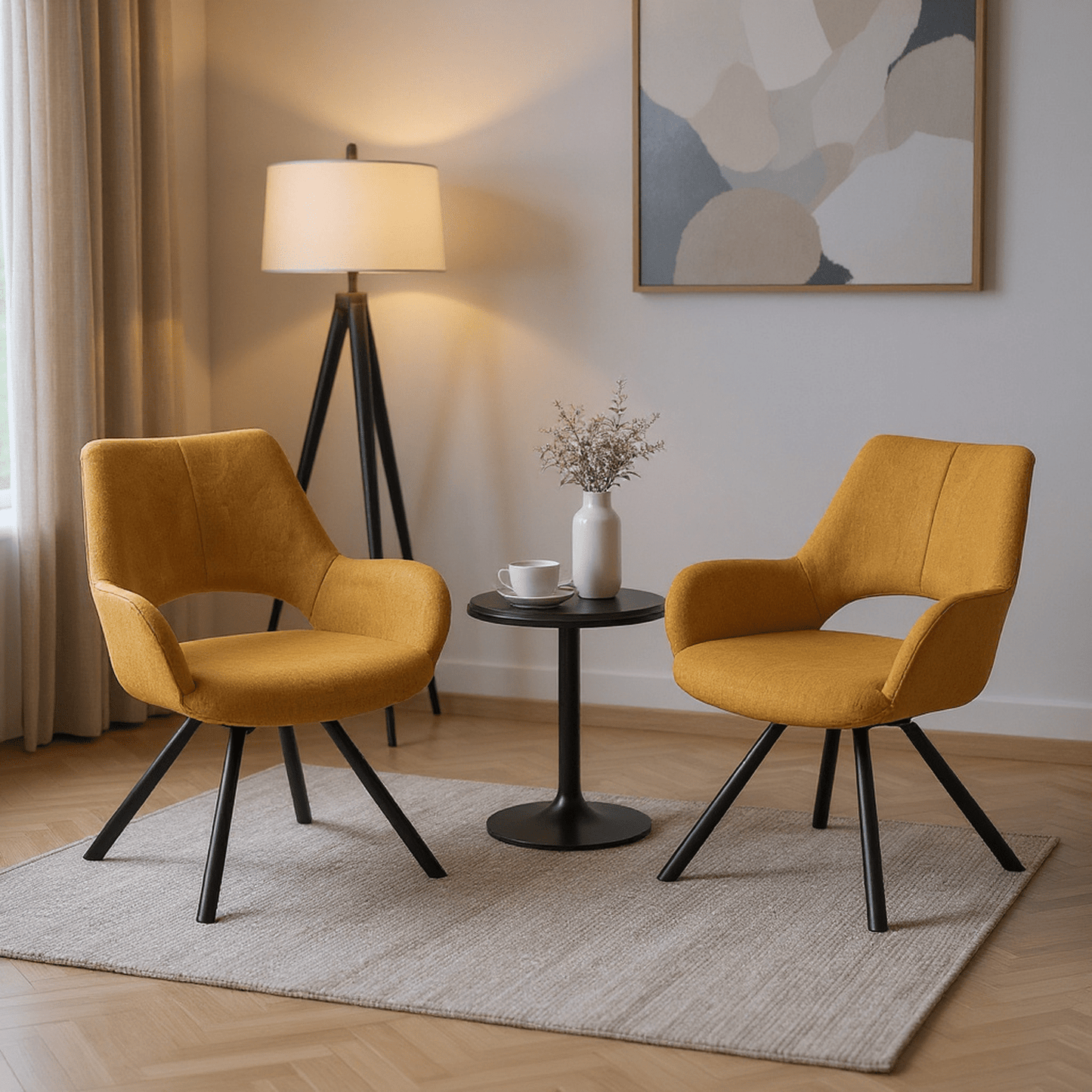 Loungestoel – Fauteuil – Zetel – Relaxstoel – Armstoel – Set van 2 – Gele Stoffering – Scandinavisch Design – Metalen Poten – Comfortabel Zitvlak