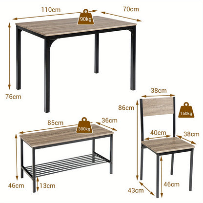 Eettafelset – 4-Delig Meubelset – Industrieel Tafel + Stoelen – Bankje Met Opbergruimte – Compact Ruimtebesparend Design – MDF Met Metalen Frame