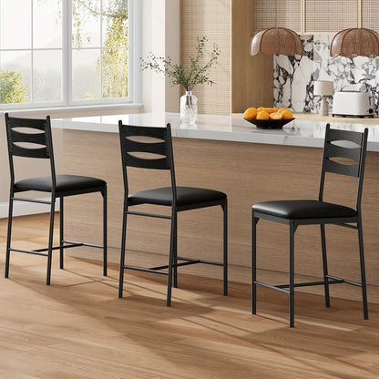 Barstoel – Barkruk – Barstoelen – Keukenstoel – Barkrukken – Kunstleer Zitting – Hardhouten Frame – Set van 2 – Met Rugleuning en Voetensteun