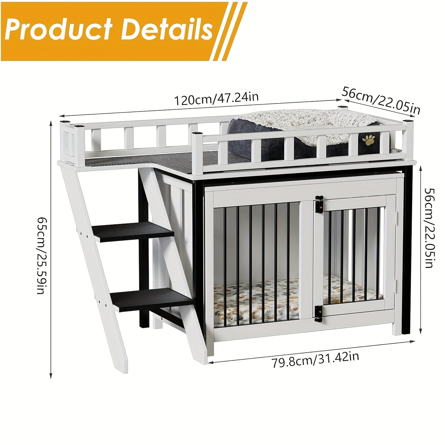 Hondenbench – Hondenkooi – Dierenkooi – Hondenhok – Hondenhuis – Met Trap – Massief Hout & Metalen Deur – 120x56x65 cm – Inclusief Zachte Matras en Dekentje – Zwart-Wit