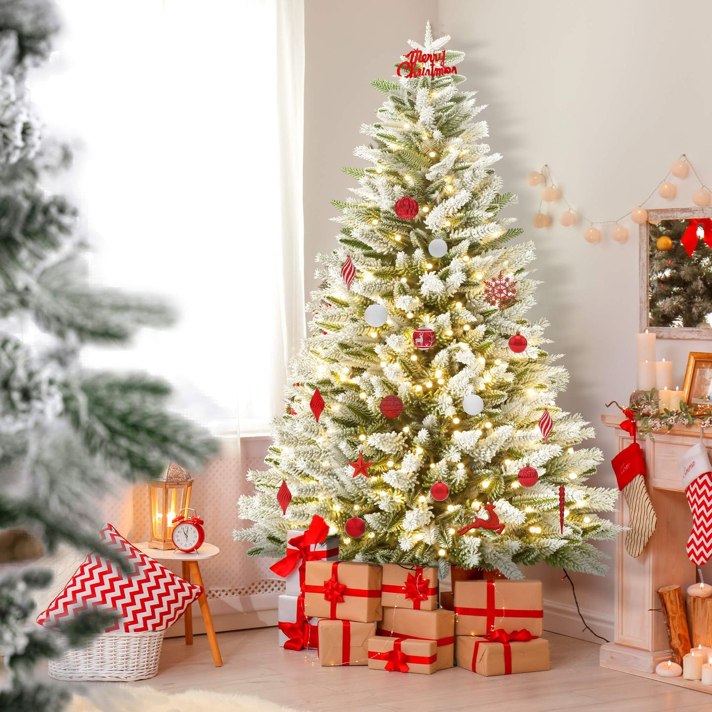 Kunstkerstboom – Kunstkerstboom Met Verlichting – Kunstboom – Kerstboom – Kerstdecoratie – 225 cm Hoog – Sneeuweffect Met Warm Witte LED’s – PE en PVC Takken