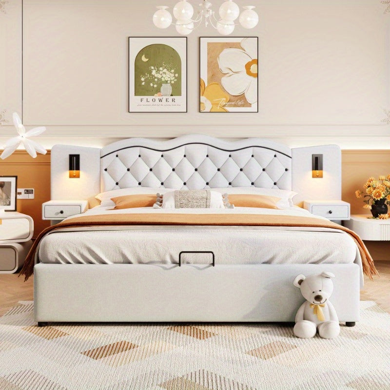 Bedframe – Ledikant – Slaapbank – Boxspring – Bed met Opbergruimte – Beige – Hydraulische Lift – Geïntegreerd Hoofdbord – 180x200 cm – Zachte Stof