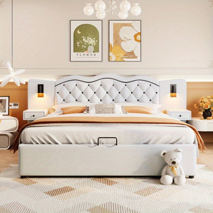 Bedframe – Ledikant – Slaapbank – Boxspring – Bed met Opbergruimte – Beige – Hydraulische Lift – Geïntegreerd Hoofdbord – 180x200 cm – Zachte Stof