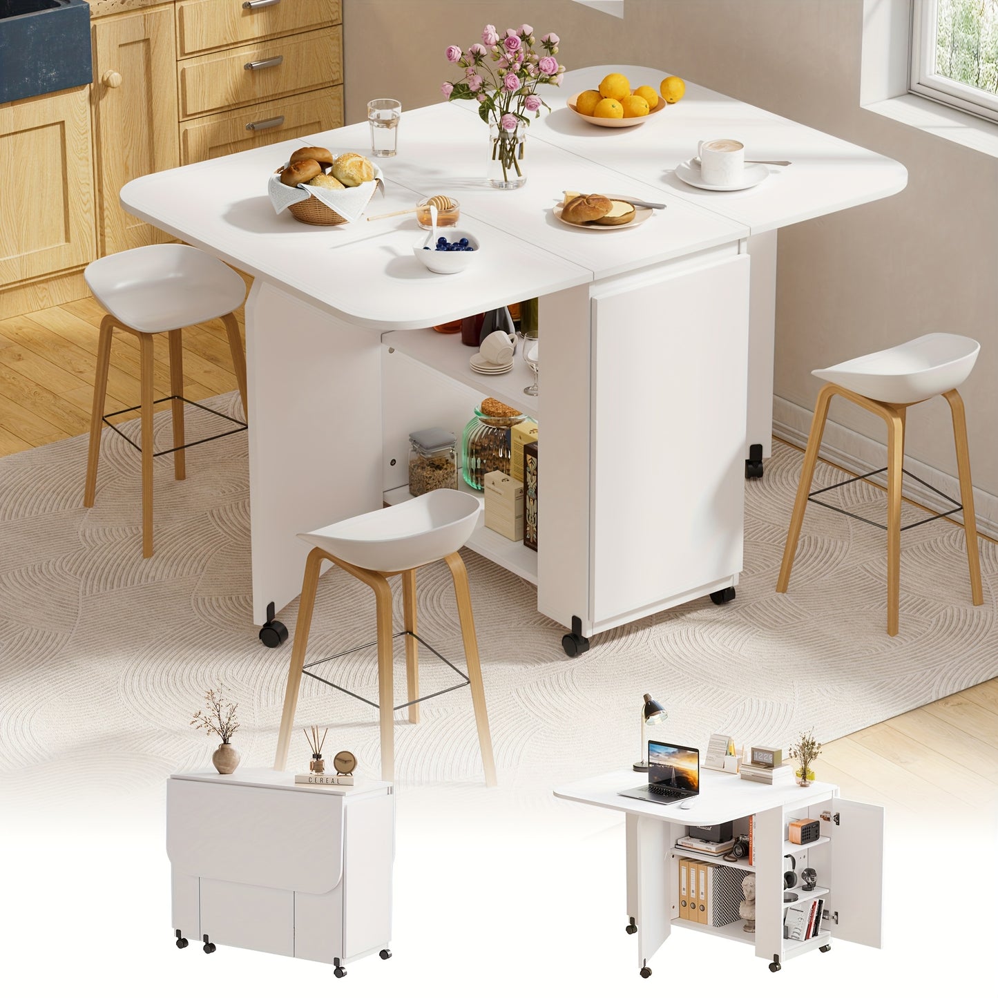 Inklapbare Eettafel – Opvouwbare Tafel – Uitklapbare Tafel – Mobiliteitstafel – Ruimtebesparende Tafel – Wit – Met Wieltjes En Remmen – Uitbreidbaar Tot 110x80 cm